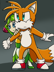 Size: 756x998 | Tagged: safe, artist:cmara, cosmo (sonic), miles "tails" prower (sonic), alien, canine, elemental creature, fictional species, flora fauna, fox, mammal, red fox, seedrian (sonic), anthro, humanoid, plantigrade anthro, sega, sonic the hedgehog (series), sonic x, 2021, dipstick tail, duo, female, flower, flower on head, fluff, male, multiple tails, orange tail, protecting, tail, tail fluff, two tails, white tail