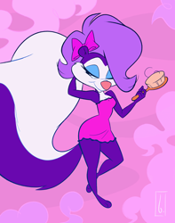 Size: 786x1000 | Tagged: safe, artist:birchly, fifi la fume (tiny toon adventures), mammal, skunk, anthro, tiny toon adventures, warner brothers, brush, female, hairbrush, lidded eyes, looking at you, nightie, smiling, solo, solo female