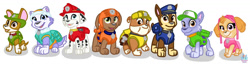 Size: 1766x452 | Tagged: safe, artist:rainbow eevee, chase (paw patrol), everest (paw patrol), marshall (paw patrol), rocky (paw patrol), rubble (paw patrol), skye (paw patrol), tracker (paw patrol), zuma (paw patrol), canine, chihuahua, cockapoo, dalmatian, dog, english bulldog, german shepherd, husky, labrador, mammal, feral, nickelodeon, paw patrol, clothes, cute, female, grin, group, happy, hat, looking at you, male, mix breed, open mouth, simple background, smiling, smiling at you, team, vector, white background