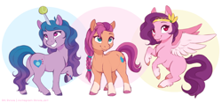 Size: 1364x638 | Tagged: safe, artist:dvixie, izzy moonbow (mlp), pipp petals (mlp), sunny starscout (mlp), earth pony, equine, fictional species, mammal, pegasus, pony, unicorn, feral, hasbro, my little pony, my little pony g5, spoiler, spoiler:my little pony g5, abstract background, blue hair, bracelet, cute, feathered wings, feathers, female, fur, grin, group, hair, hooves, horn, jewelry, looking up, mare, multicolored hair, multicolored tail, orange body, orange fur, pink body, pink fur, pink hair, pink tail, purple body, purple fur, purple hair, purple tail, raised hoof, smiling, spread wings, tail, teeth, tennis ball, tongue, tongue out, trio, unshorn fetlocks, wings