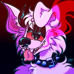 Size: 1280x1280 | Tagged: safe, artist:icky_slicky, oc, oc only, canine, demon, fictional species, mammal, anthro, collar, colored sclera, horns, lidded eyes, male, red sclera, saliva, solo, solo male, spiked collar, tongue, tongue out