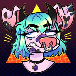 Size: 1280x1280 | Tagged: safe, artist:icky_slicky, oc, oc only, bovid, cattle, cow, mammal, anthro, angry, blue eyes, choker, ear piercing, horns, lidded eyes, nose piercing, nose ring, pendant, piercing, sneering, solo