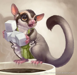 Size: 800x774 | Tagged: safe, artist:silverfox5213, mammal, marsupial, possum, sugar glider, semi-anthro, 2015, amber eyes, ambiguous gender, apron, brown body, brown fur, claws, clothes, detailed, digital art, digital painting, fur, gray body, gray fur, hand hold, holding, mug, multicolored fur, open mouth, pink body, pink nose, realistic, solo, solo ambiguous, standing, steam, sugar, sugar cube, tail, tan body, tan fur, teeth, tongue, whiskers