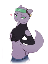 Size: 2048x2727 | Tagged: suggestive, artist:pudge ruffian, marie itami (bna), mammal, mink, mustelid, anthro, bna: brand new animal, 2021, adorasexy, backbend, beanbrows, bedroom eyes, black nose, blushing, boobs and butt pose, breasts, butt, clothes, cute, digital art, dimples of venus, ear piercing, earring, ears laid back, eyelashes, female, fur, gray body, gray fur, green eyes, heart, high res, looking at you, looking back, love heart, nudity, pants, pants pulled down, partial nudity, piercing, raised tail, reasonably sized breasts, seductive, seductive look, sexy, shirt, shirt lift, shoulderless, simple background, smiling, solo, solo female, sweater, sweater puppies, tail, topwear, turtleneck, undressing, white background, wide hips