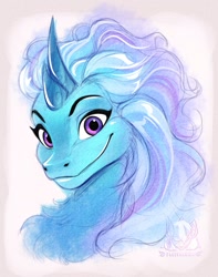 Size: 1033x1310 | Tagged: safe, artist:pacevanrign, sisu (raya and the last dragon), dragon, eastern dragon, fictional species, furred dragon, disney, raya and the last dragon, 2021, abstract background, blue body, blue fur, blue hair, blue mane, bust, cyan fur, dragoness, eyebrows, female, fur, hair, horns, looking at you, mane, portrait, purple eyes, smiling, smiling at you, solo, solo female