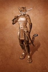 Size: 900x1350 | Tagged: safe, artist:titus weiss, oc, oc:amaya, big cat, feline, mammal, tiger, anthro, clothes, female, fur, katana, loincloth, paws, sandals, shoes, solo, solo female, striped fur, sword, tail, weapon