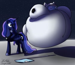 Size: 1280x1116 | Tagged: suggestive, artist:the-furry-railfan, princess luna (mlp), rainbow dash (mlp), alicorn, equine, fictional species, mammal, pegasus, pony, series:one small trot for a pony, friendship is magic, hasbro, my little pony, air inflation, amused, astronaut, boots, clothes, duo, duo female, female, females only, flag, floating, hair, helmet, horn, hyper, hyper belly, hyper inflation, immobile, inflation, laughing, mare, moon, moon landing, rainbow hair, shoes, smug, space, spacesuit, stars, surprised, tail