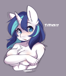 Size: 447x516 | Tagged: suggestive, artist:teranen, shining armor (mlp), equine, fictional species, mammal, pony, unicorn, anthro, friendship is magic, hasbro, my little pony, 2021, anthrofied, big breasts, blue body, blue fur, blushing, breasts, cleavage fluff, covering breasts, ear fluff, ears, eyebrow through hair, eyebrows, eyelashes, female, fluff, fur, gleaming shield (mlp), gray background, hair, horn, mare, multicolored hair, open mouth, rule 63, shoulder fluff, simple background, solo, solo female, tongue, two toned hair, white body, white fur
