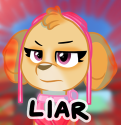 Size: 1030x1063 | Tagged: safe, artist:rainbow eevee, skye (paw patrol), canine, cockapoo, dog, mammal, feral, nickelodeon, paw patrol, angry, big forehead, eyebrows, female, goggles, goggles on head, liar, old art, reaction image, skye (paw patrol) is not amused, solo, solo female, text, triggered, wavy mouth