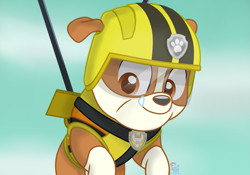 Size: 1929x1350 | Tagged: safe, artist:rainbow eevee, rubble (paw patrol), bulldog, canine, dog, english bulldog, mammal, feral, nickelodeon, paw patrol, air, brown eyes, cloud, cute, grin, helmet, looking down, male, sky, smiling, solo, solo male, ultimate rescue (paw patrol)