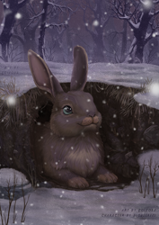 Size: 566x800 | Tagged: safe, artist:eosfoxx, lagomorph, mammal, rabbit, feral, ambiguous gender, cute, scenery, snow, snowfall, solo, solo ambiguous