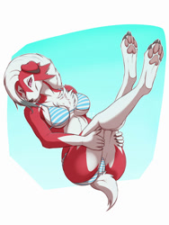 Size: 1500x2000 | Tagged: suggestive, artist:eternityzinogre, fictional species, lycanroc, mammal, midnight lycanroc, anthro, nintendo, pokémon, 2016, bikini, black nose, border, breasts, butt, cleavage, cleavage fluff, clothes, colored sclera, ears, eyebrows, eyelashes, female, floppy ears, fluff, fur, hair, looking at you, multicolored fur, paw pads, paws, pink eyes, pink sclera, red body, red fur, short tail, shoulder fluff, solo, solo female, swimsuit, tail, thighs, two toned body, two toned fur, underpaw, white body, white border, white fur, white hair