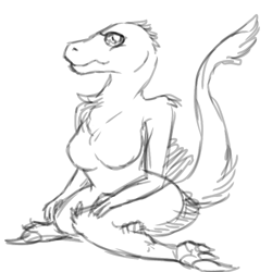 Size: 768x768 | Tagged: artist needed, safe, dakotaraptor, dinosaur, raptor, theropod, anthro, breasts, chest fluff, featureless breasts, female, fluff, grayscale, monochrome, nudity, simple background, sitting, solo, solo female, tail, white background