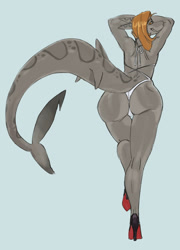Size: 920x1280 | Tagged: suggestive, artist:twistedteeth, oc, oc:emille, fish, shark, anthro, plantigrade anthro, bikini, blonde hair, blue background, butt, butt focus, clothes, female, hair, high heels, looking at you, looking back, shoes, simple background, smiling, solo, solo female, swimsuit, tail, teeth
