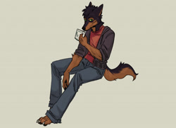 Size: 1280x927 | Tagged: safe, artist:twistedteeth, oc, oc:nuka (nukakv), canine, dog, mammal, mutt, barefoot, clothes, fluff, green eyes, male, mug, simple background, sitting, solo, solo male