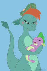 Size: 791x1200 | Tagged: safe, artist:caluriri, loch ness monster, nessie (the ballad of nessie), spike (mlp), dragon, fictional species, western dragon, semi-anthro, disney, friendship is magic, hasbro, my little pony, the ballad of nessie, blushing, crossover, duo, duo male and female, female, holding character, male, sleeping