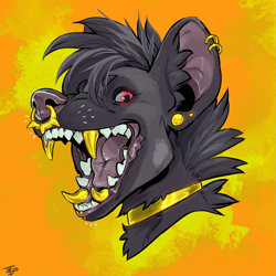 Size: 1209x1209 | Tagged: safe, artist:twistedteeth, oc, oc:xeno (xenoforge), hyena, mammal, anthro, abstract background, bust, ear piercing, earring, fangs, female, fluff, gold, gold teeth, jewelry, necklace, nose piercing, nose ring, open mouth, piercing, red eyes, sharp teeth, solo, solo female, teeth, tongue