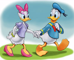 Size: 8840x7095 | Tagged: safe, artist:zdrer456, daisy duck (disney), donald duck (disney), bird, duck, waterfowl, anthro, disney, mickey and friends, 2d, absurd resolution, beak, bird feet, donaisy (disney), duo, feathers, female, holding, holding hands, looking at each other, male, male/female, on model, open beak, open mouth, shipping, white feathers