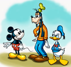 Size: 3738x3540 | Tagged: safe, artist:zdrer456, donald duck (disney), goofy (disney), mickey mouse (disney), bird, canine, dog, duck, mammal, mouse, rodent, waterfowl, anthro, disney, mickey and friends, 2d, black body, black fur, crossed arms, feathers, fur, high res, male, males only, murine, on model, trio, trio male, unamused, white feathers
