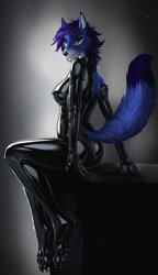 Size: 1039x1800 | Tagged: suggestive, artist:tanraak, oc, oc only, oc:firra (firra), canine, mammal, wolf, anthro, digitigrade anthro, 2021, abstract background, blue body, blue fur, bodysuit, breasts, butt, cheek fluff, clothes, dipstick tail, ear fluff, eyebrows, eyelashes, female, fluff, fur, furgonomics, glistening clothing, green eyes, hair, latex, latex suit, looking at you, purple hair, purple nose, rear view, sitting, solo, solo female, tail, three-quarter view, tight clothing, white body, white fur