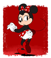 Size: 1513x1720 | Tagged: safe, artist:joaoppereiraus, minnie mouse (disney), mammal, mouse, rodent, disney, mickey and friends, black body, black fur, bloomers, bottomwear, bow, clothes, female, fur, hair bow, looking back, rear view, skirt, solo, solo female, three-quarter view, upskirt