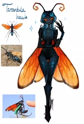 Size: 2008x2972 | Tagged: safe, artist:matilda_fiship, arthropod, insect, wasp, anthro, antennae, black body, blue hair, breasts, clothes, english text, female, hair, high res, leotard, looking at you, orange eyes, simple background, slit pupils, smiling, smiling at you, solo, solo female, spider wasp, tarantula hawk, thigh gap, white background, wings
