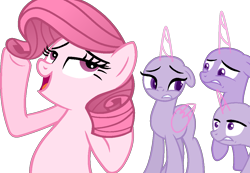 Size: 1042x720 | Tagged: safe, artist:muhammad yunus, oc, oc only, oc:annisa trihapsari, alicorn, earth pony, equine, fictional species, mammal, pony, unicorn, feral, friendship is magic, hasbro, my little pony, base, base used, bedroom eyes, gritted teeth, group, open mouth, simple background, teeth, transparent background