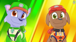 Size: 2284x1278 | Tagged: safe, artist:rainbow eevee, rocky (paw patrol), zuma (paw patrol), canine, dog, labrador, mammal, nickelodeon, paw patrol, brown eyes, cap, clothes, cute, detailed background, determined, duo, duo male, eyebrows, green eyes, grin, hat, looking at you, male, males only, mix breed, old art, smiling, smiling at you, straps, ultimate rescue (paw patrol), uniform