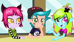 Size: 1188x673 | Tagged: safe, artist:machakar52, rosie (teen-z), animal humanoid, cat, feline, fictional species, human, mammal, nymph, humanoid, teen-z, equestria girls, friendship is magic, hasbro, my little pony, base used, clothes, ears, equestria girls-ified, female, group, hat, looking at you, male, peep (teen-z), shirt, topwear, trio, vest, wee (teen-z)