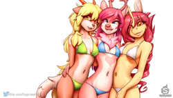 Size: 1520x864 | Tagged: safe, artist:sugarlesspaints, oc, oc only, antelope, bovid, cervid, deer, equine, fictional species, mammal, pony, unicorn, anthro, cc by-nc-sa, creative commons, 2020, belly button, bikini, breasts, clothes, digital art, ears, eyelashes, female, females only, fur, group, hair, horn, looking at you, simple background, swimsuit, tail, thighs, trio, trio female, white background, wide hips
