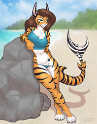 Size: 1700x2160 | Tagged: suggestive, artist:reaper3d, oc, oc only, oc:alex marx, fish, shark, tiger shark, anthro, digitigrade anthro, 2021, beach, bedroom eyes, belly button, big breasts, bikini, bikini bottom, body markings, breasts, brown hair, claws, clothes, crossed legs, curvy, detailed background, eyebrows, eyelashes, facial markings, female, fins, fish tail, green eyes, hair, leaning, legs, long ears, long hair, looking at you, midriff, orange body, outdoors, pale belly, panties, panties pulled down, paw prints, paws, rock, sand, seductive, sexy, shark tail, sharp teeth, smiling, solo, solo female, sports bra, stripes, swimsuit, tail, tankini, tattoo, teasing, teeth, thick thighs, thigh gap, thighs, thong swimsuit, topwear, underwear, undressing, white body, wide hips