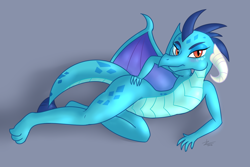Size: 1500x1000 | Tagged: safe, alternate version, artist:zeklullaby, princess ember (mlp), dragon, fictional species, western dragon, feral, friendship is magic, hasbro, my little pony, 2d, blue belly, blue body, blue scales, dragoness, female, gray background, hand on hip, looking at you, orange eyes, scales, simple background, solo, solo female, tail, wings