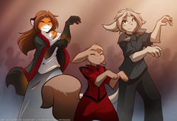 Size: 1200x819 | Tagged: safe, artist:twokinds, laura (twokinds), mrs. nibbly (twokinds), nickolai alaric (twokinds), basitin, canine, fictional species, fox, keidran, mammal, rodent, squirrel, anthro, twokinds, clothes, michael jackson, thriller (michael jackson)