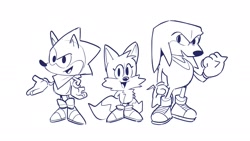 Size: 2143x1205 | Tagged: safe, artist:kylesmeallie, classic knuckles, classic sonic, classic tails, knuckles the echidna (sonic), miles "tails" prower (sonic), sonic the hedgehog (sonic), canine, echidna, fox, hedgehog, mammal, monotreme, red fox, sega, sonic the hedgehog (series), bandanna, chest fluff, clothes, dipstick tail, fluff, gloves, group, looking at you, male, males only, multiple tails, orange tail, quills, red tail, shoes, sketch, smiling, sneakers, tail, tail fluff, team sonic (sonic), trio, trio male, two tails, white tail