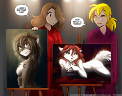 Size: 1348x1060 | Tagged: suggestive, artist:twokinds, eric vaughan (twokinds), kat (twokinds), roselyn (twokinds), saria (twokinds), fictional species, human, keidran, mammal, anthro, twokinds, 2020, clothes, painting, robe