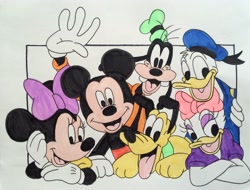 Size: 2987x2268 | Tagged: safe, artist:creativitybychloe, daisy duck (disney), donald duck (disney), goofy (disney), mickey mouse (disney), minnie mouse (disney), pluto (disney), bird, canine, dog, duck, mammal, mouse, rodent, waterfowl, anthro, feral, disney, mickey and friends, 2d, beak, black body, black fur, feathers, female, fur, furry confusion, group, high res, male, murine, open beak, open mouth, white feathers, yellow body, yellow fur