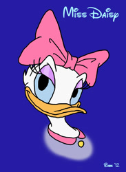 Size: 414x566 | Tagged: safe, artist:lilifox, daisy duck (disney), bird, duck, waterfowl, anthro, disney, mickey and friends, 2012, 2d, beak, blue sclera, bow, bust, colored sclera, feathers, female, hair bow, looking at you, smiling, smiling at you, solo, solo female, white feathers