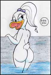 Size: 482x710 | Tagged: suggestive, artist:reddragonkan, daisy duck (disney), bird, duck, waterfowl, anthro, disney, mickey and friends, beak, blue sclera, colored sclera, feathers, female, looking at you, looking back, looking back at you, open beak, open mouth, rear view, solo, solo female, three-quarter view, white feathers