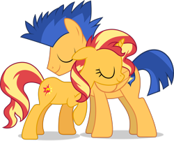 Size: 10662x8602 | Tagged: safe, artist:thatusualguy06, flash sentry (mlp), sunset shimmer (mlp), equine, fictional species, mammal, pegasus, pony, unicorn, feral, friendship is magic, hasbro, my little pony, .svg available, absurd resolution, cute, eyes closed, female, flashimmer (mlp), hooves, male, male/female, mare, on model, raised hoof, simple background, stallion, transparent background, vector
