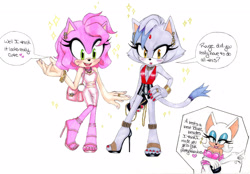 Size: 2934x2043 | Tagged: safe, artist:jduckdraws, amy rose (sonic), blaze the cat (sonic), rouge the bat (sonic), bat, cat, feline, hedgehog, mammal, anthro, humanoid, sega, sonic the hedgehog (series), 2018, club outfits, duo, female, green eyes, high res, purse, simple background, white background, yellow eyes