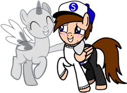 Size: 8357x6117 | Tagged: safe, artist:mrstheartist, collaboration, oc, oc only, oc:seb the pony, alicorn, equine, fictional species, mammal, pegasus, pony, feral, friendship is magic, hasbro, my little pony, absurd resolution, base used, blushing, duo, duo male and female, embarrassed, eyelashes, female, grin, male, mare, simple background, snapback, stallion, tail, transparent background, wings