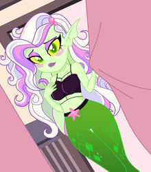 Size: 1912x2176 | Tagged: safe, artist:machakar52, mermaid (teen-z), fictional species, fish, mammal, mermaid, humanoid, teen-z, equestria girls, friendship is magic, hasbro, my little pony, 2021, base used, bedroom eyes, bottomwear, clothes, ears, equestria girls-ified, female, looking at you, makeup, pants, shirt, solo, solo female, topwear