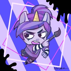Size: 1000x1000 | Tagged: safe, artist:nutera_minchi, dark (teen-z), animal humanoid, equine, fictional species, mammal, unicorn, humanoid, teen-z, bottomwear, chibi, clothes, ears, hair, horn, makeup, male, paintbrush, pants, running makeup, shirt, shoes, solo, solo male, stallion, tail, topwear
