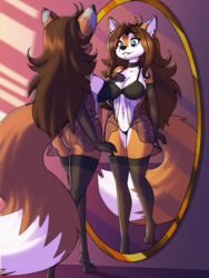 Size: 825x1100 | Tagged: suggestive, artist:dracojeff, oc, oc only, canine, fox, mammal, anthro, 2021, adorasexy, belly button, black nose, bra, breasts, butt, clothes, commission, cute, digital art, ears, eyelashes, female, fur, hair, legwear, lingerie, mirror, panties, rear view, reflection, sexy, solo, solo female, stockings, tail, thighs, underwear, vixen, wide hips