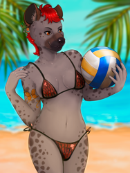 Size: 1500x2000 | Tagged: safe, artist:realzero, hyena, mammal, spotted hyena, anthro, 2021, ball, beach, belly button, bikini, black nose, breasts, clothes, commission, digital art, ears, eyelashes, female, fur, hair, ocean, palm tree, sand, solo, solo female, spotted body, spotted fur, swimsuit, tail, thighs, tree, water, wide hips