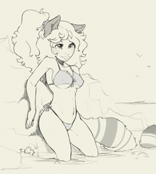 Size: 930x1038 | Tagged: safe, artist:t-kay, fictional species, mammal, anthro, bikini, clothes, ear piercing, earring, female, nipple outline, piercing, ringtail, sketch, smiling, solo, solo female, swimsuit, tail, water