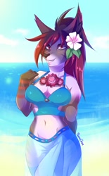 Size: 793x1280 | Tagged: safe, artist:berruchan, oc, oc only, canine, mammal, wolf, anthro, beach, bottomwear, breasts, cleavage, clothes, flower, flower in hair, hair, hair accessory, looking at you, red eyes, skirt, smiling, topwear
