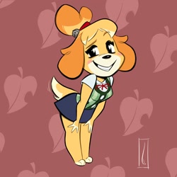 Size: 1280x1280 | Tagged: safe, artist:birchly, isabelle (animal crossing), canine, dog, mammal, shih tzu, anthro, animal crossing, nintendo, bell, blushing, bottomwear, clothes, female, grin, looking at you, shirt, skirt, smiling, solo, solo female, tail, tail wag, topwear, vest