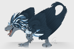 Size: 900x599 | Tagged: safe, artist:therbis, dinosaur, feathered dinosaur, raptor, theropod, feral, 2021, ambiguous gender, bird feet, blue feathers, claws, detailed, digital art, feathered wings, feathers, gray body, multicolored body, open mouth, orange eyes, reflection, sharp teeth, signature, simple background, solo, solo ambiguous, standing, tail, talons, teeth, white background, winged arms, wings