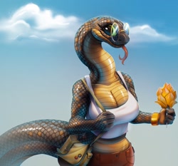 Size: 1372x1280 | Tagged: safe, artist:fivel, reptile, snake, anthro, big breasts, breasts, cleavage, female, food, fruit, mango, purse, scales, solo, solo female, tail, top